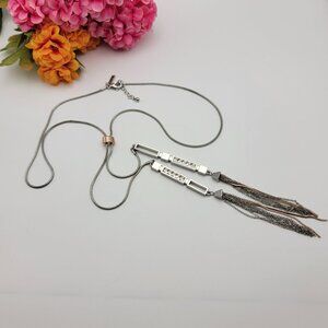 WHBM White House Black Market Silver And Gold Tone Crystal Tassel Necklace 24"